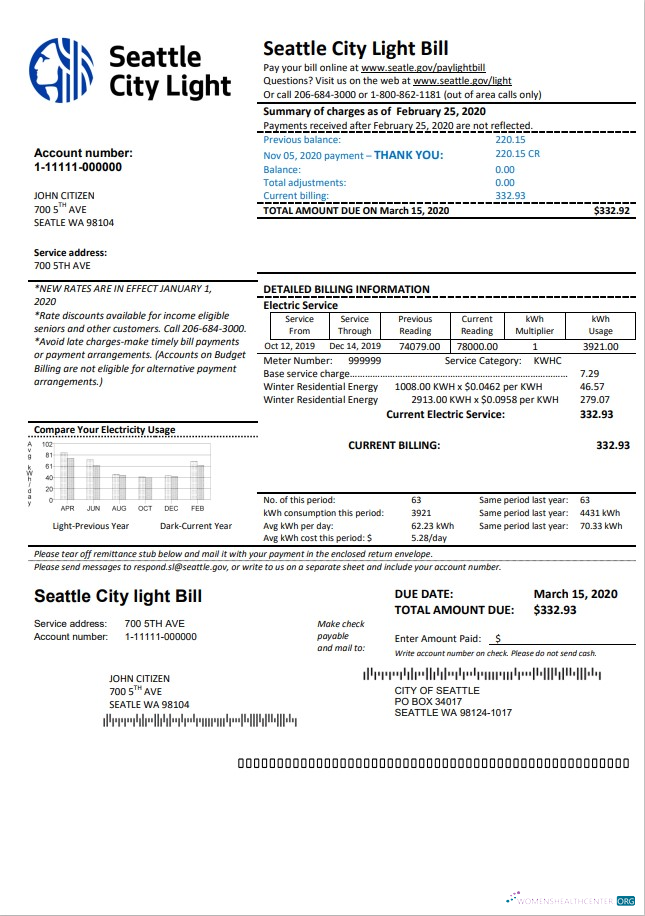 download USA Washington Seattle City Light utility bill template in Word and PDF format PDF template